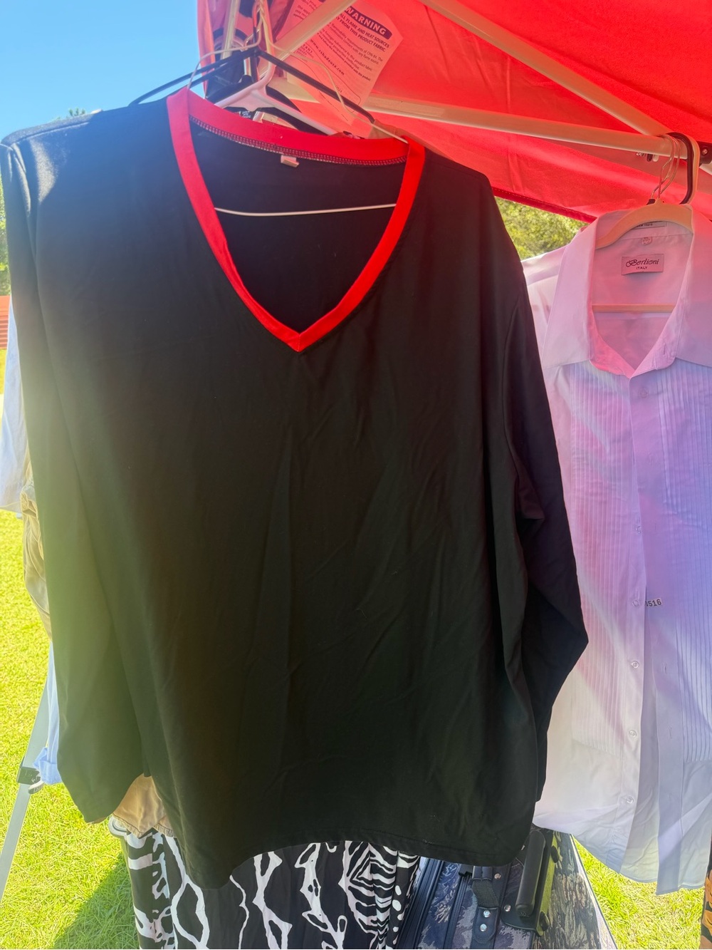 Women's Black Long-Sleeve V-Neck Tee with Red Trim